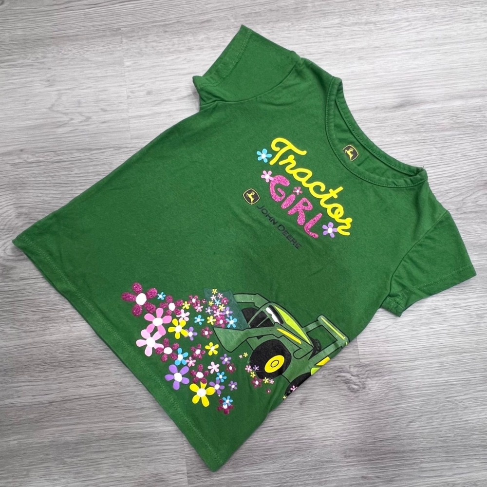 John Deere Girls Green Tractor Girl Graphic T-Shirt Floral Glitter Size 6X